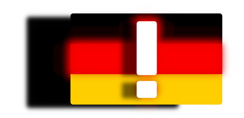 flag of Germany and exclamation mark with red blurred light as warning sign or stop or attention and crisis and problems, 