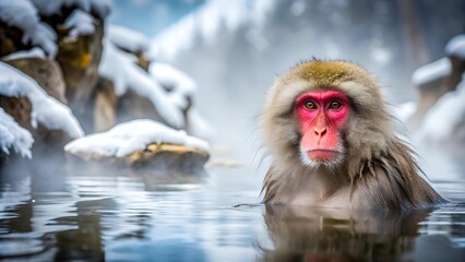 Fototapeta premium A Moment of Serenity: A Japanese Snow Monkey Bathing in a Winter Wonderland generative AI