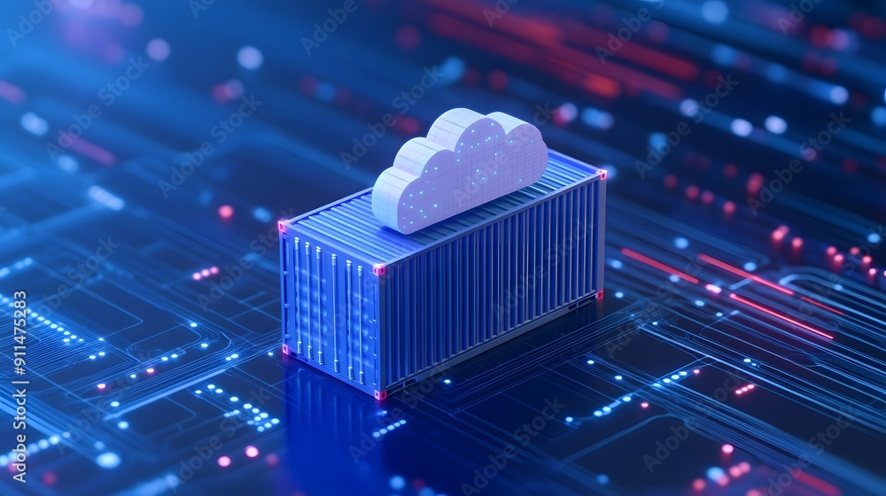 Poster cloud computing and data storage concept with container and digital technology background representi