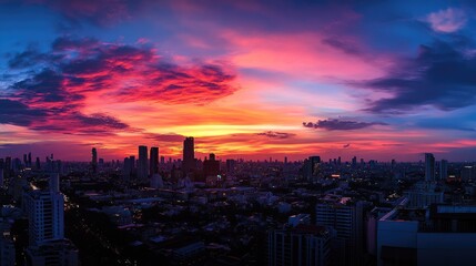 Fototapeta premium Rooftop view of Bangkok Lumpini area at sunset, with a panoramic cityscape and colorful sky.