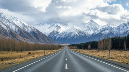 Scenic asphalt highway heading into the snowy mountains with cloudy skies, ideal for travel themes.
