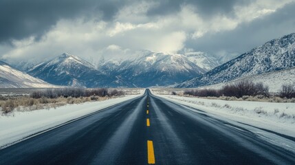 Scenic asphalt road stretching into the distance with snow-covered mountains and dramatic clouds in the background.