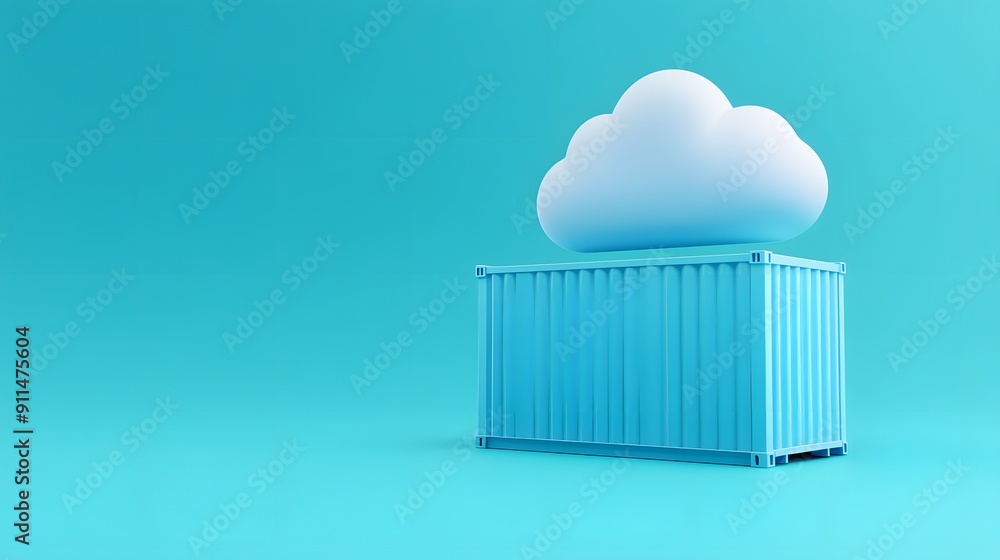 Poster cloud computing and storage concept with a shipping container and cloud symbol on blue background.