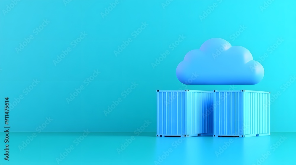 Poster cloud computing and storage concept with cargo containers on a blue background, representing digital