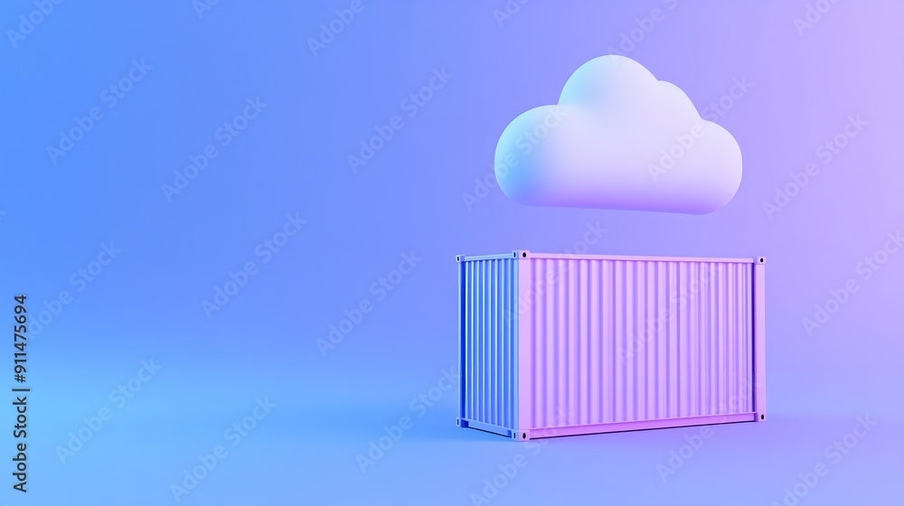 Poster cloud computing concept. digital cloud hovering over a shipping container in vibrant blue and purple