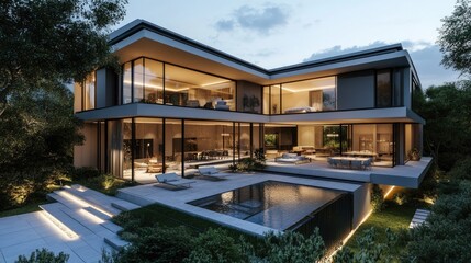Sleek villa house with open-plan living spaces and a minimalist aesthetic, ideal for modern architectural inspiration.
