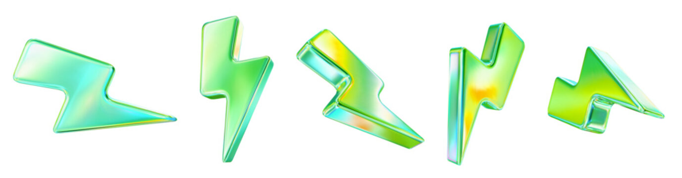 3d set neon green charger symbol. Holographic sign thunder. Symbol of energy, danger. Minimalistic electrical discharge. Stock vector illustration.	