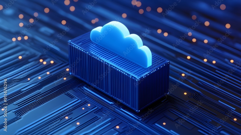 Aufkleber cloud computing concept with a blue cloud icon on a digital circuit board representing data storage 