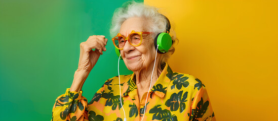 An old vibrant lady vibing on music while wearing headphones with copy space, old people adopting to technologies