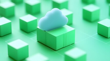 Obraz premium Cloud computing concept with a 3D cloud icon over green blocks, illustrating data storage, digital technology, and tech infrastructure.