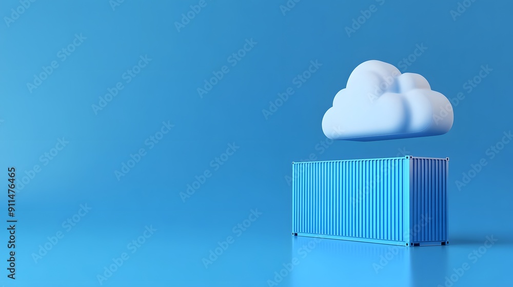 Aufkleber cloud computing concept with a blue shipping container and cloud icon on a blue background, represen