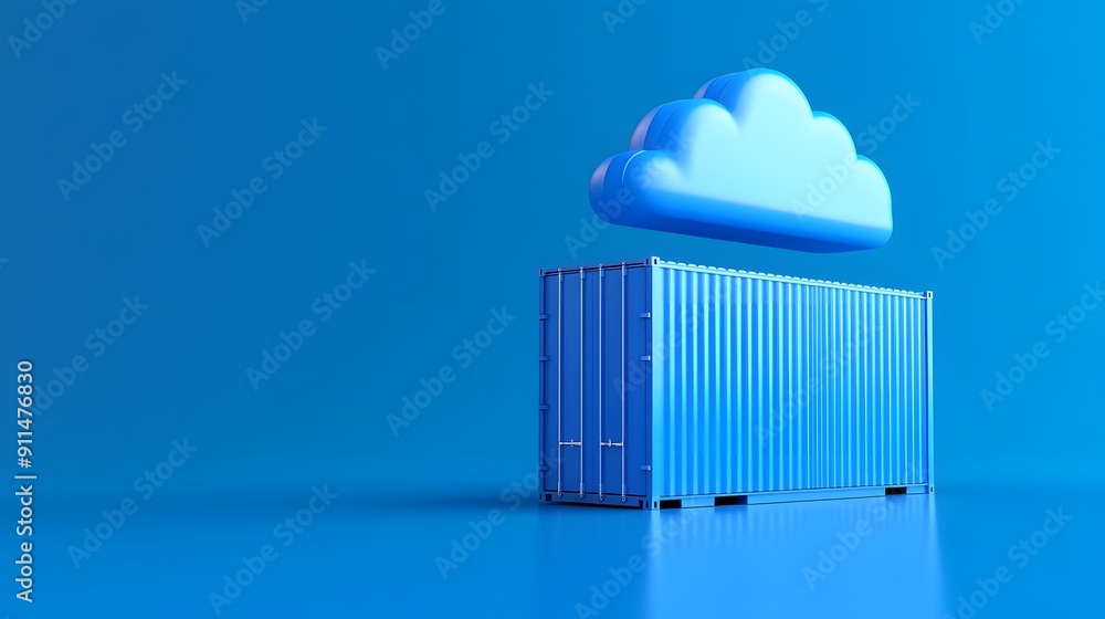 Poster cloud computing concept with a container on a blue background, representing data storage and interne