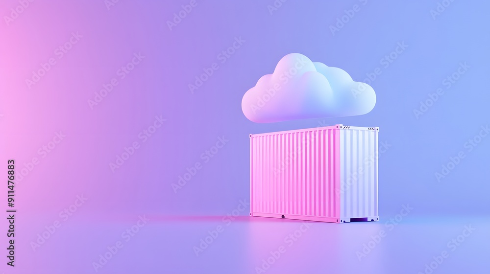 Poster cloud computing concept with a floating cloud and shipping container against a pink and purple gradi