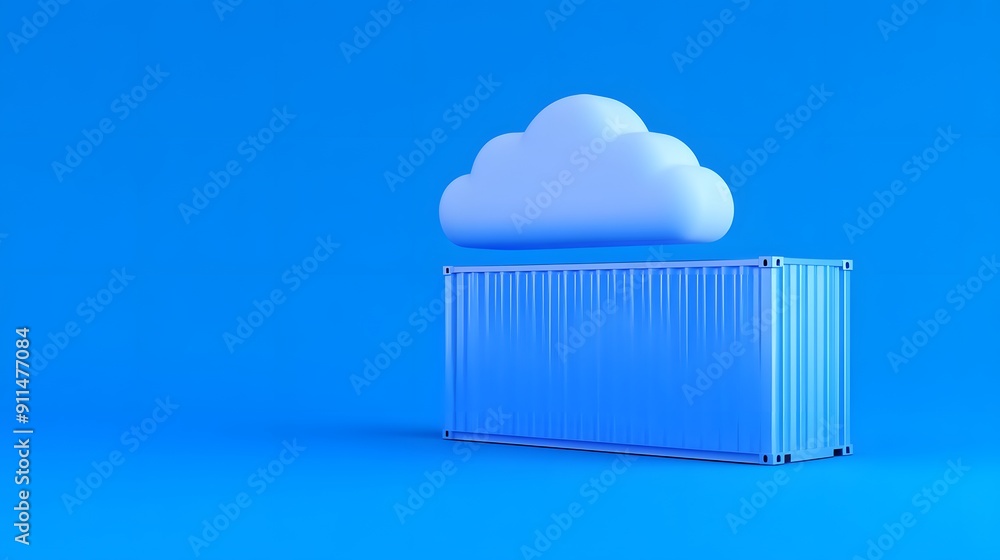 Poster cloud computing concept with a shipping container and a cloud on a blue background symbolizing data 