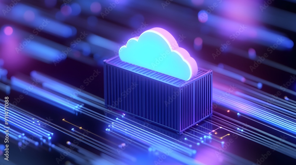 Poster Cloud computing concept with a neon server container and digital data flow lines. Futuristic technology and data storage illustration.