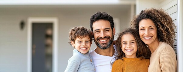 Happy family in front of their home, protected by property insurance coverage, property insurance, protected family