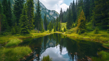 A box valley with a serene, reflective pond surrounded by tall pine trees