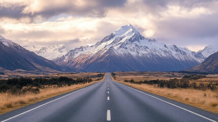 Fototapeta premium Straight highway leading into the snowy mountains with a cloudy sky, showcasing the beauty of nature.