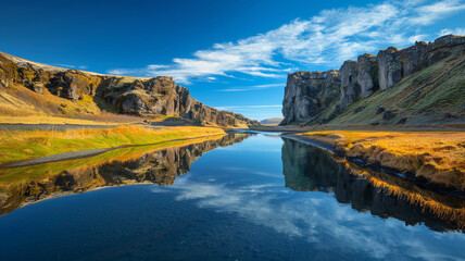 Fototapeta premium A box valley with a serene river reflecting the bright blue sky and surrounding cliffs