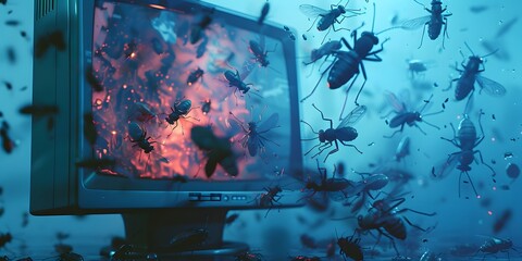 Computer Screen with Virtual Insects, Insects Invading Computer Screen Illustration