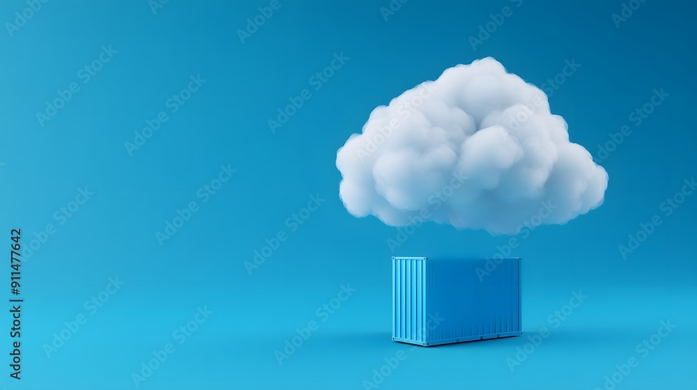 Poster cloud computing concept with cloud and blue container on a blue background, symbolizing data storage