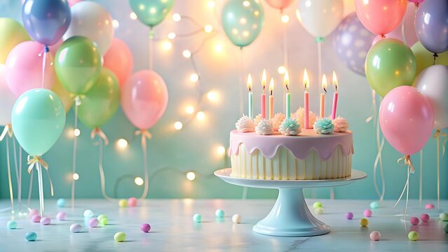 Pastel Dream Birthday Cake with Floating Balloons  generative AI