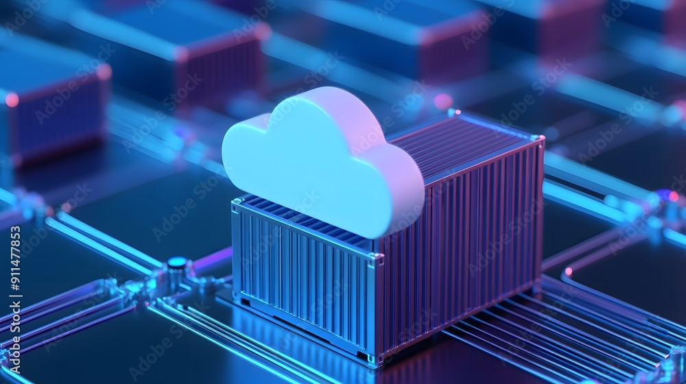 Poster cloud computing concept with data storage container and digital connections, representing modern tec
