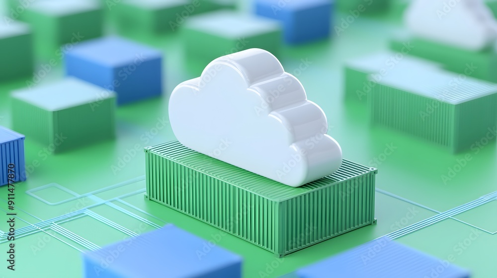Poster cloud computing concept with cloud icon on a green block, representing modern data storage and techn