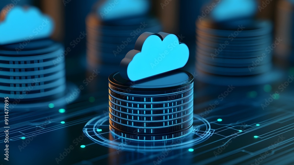 Poster cloud computing concept with data storage servers and cloud icons on a digital background, represent