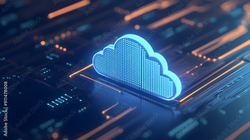 Poster cloud computing concept with digital cloud symbol on a futuristic circuit board, representing online