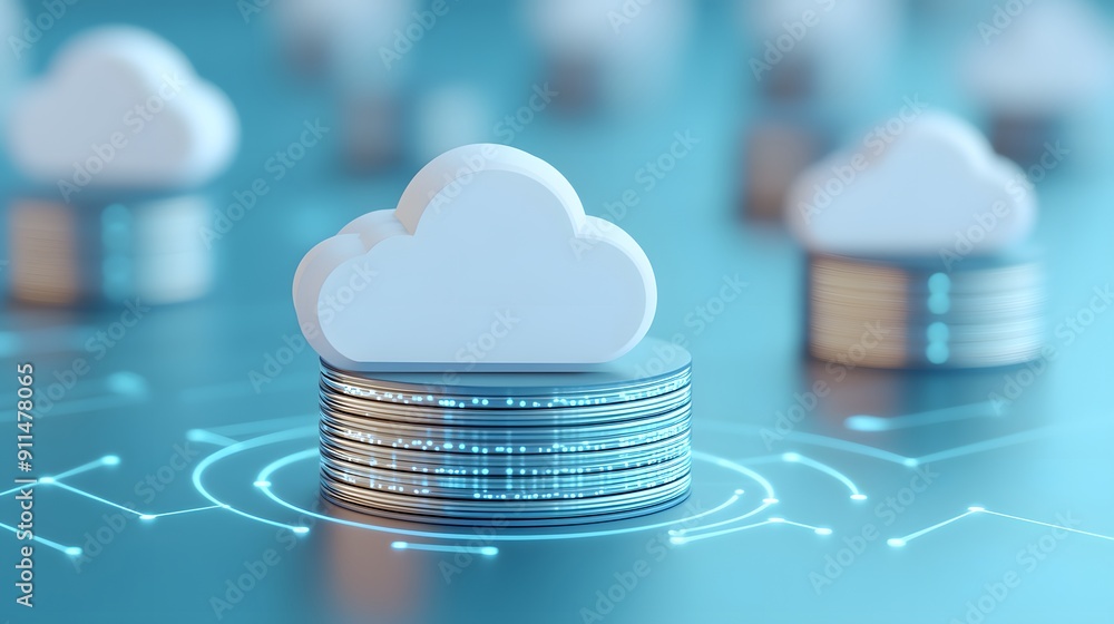 Aufkleber cloud computing concept with digital cloud symbols stacking on data servers, illustrating data stora
