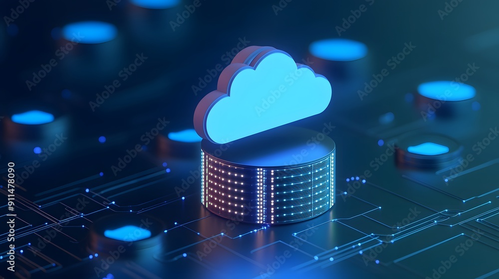 Poster cloud computing concept with digital data storage symbolizing cloud technology, data management, and