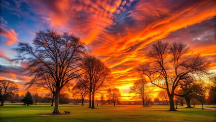Naklejka premium Serene Sunset Symphony: A Park Embracing the Golden Hour Generative AI