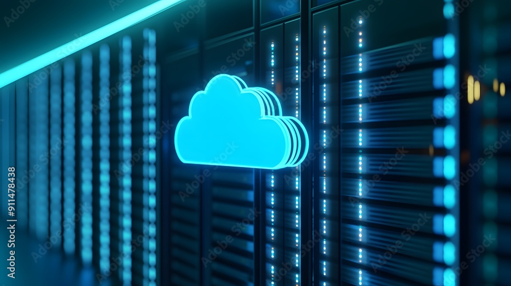 Poster cloud computing concept with glowing cloud icon on server racks in a data center. modern technology 