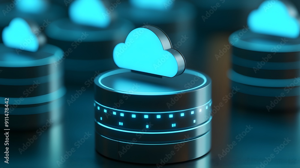 Poster cloud computing concept with glowing cloud icons over data storage units, representing modern digita