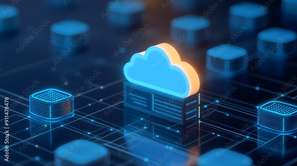 Poster cloud computing concept with illuminated data cloud symbol amid network visualization, representing 
