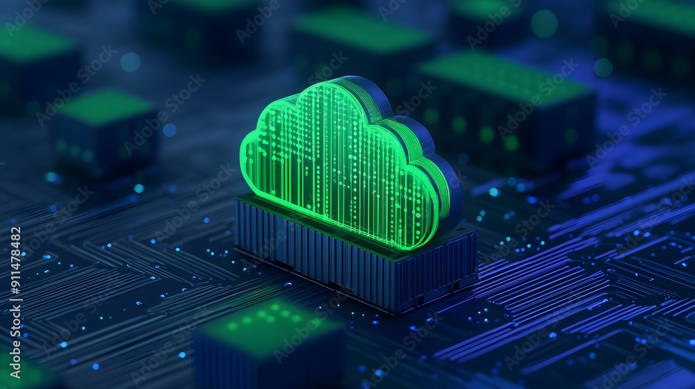 Aufkleber cloud computing concept with glowing green cloud symbol on a circuit board, representing modern data