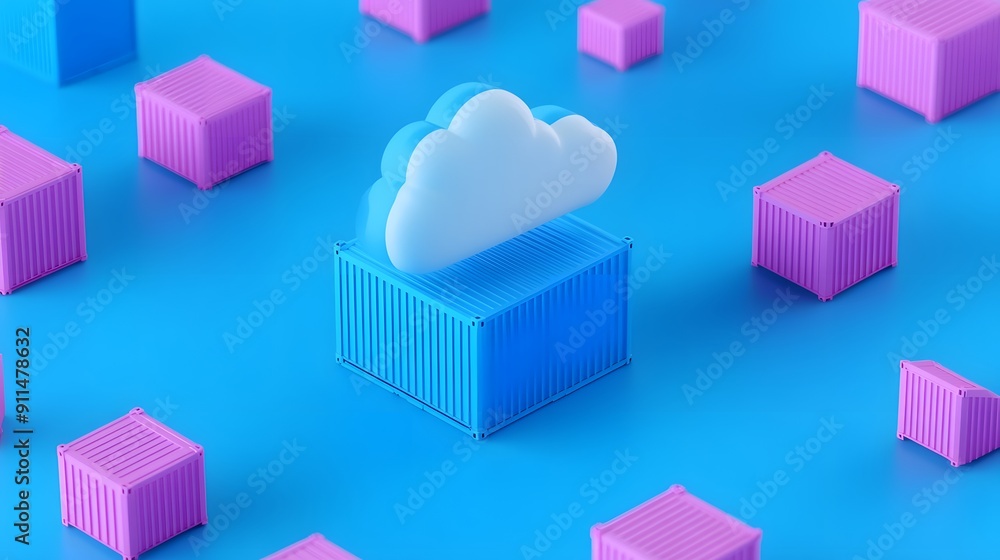 Poster cloud computing concept with vibrant blue and pink cubes symbolizing data and storage on bright back