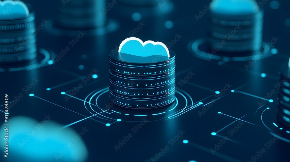 Poster cloud computing data server racks conceptual illustration in neon blue light depicting digital stora