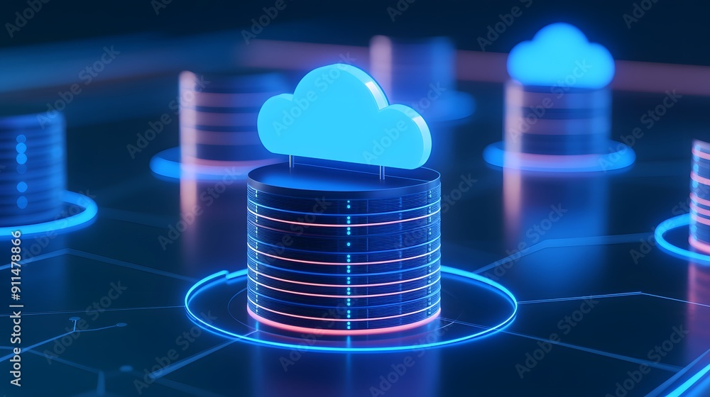 Aufkleber cloud computing data storage concept with a blue glowing cloud icon on server stacks. futuristic tec