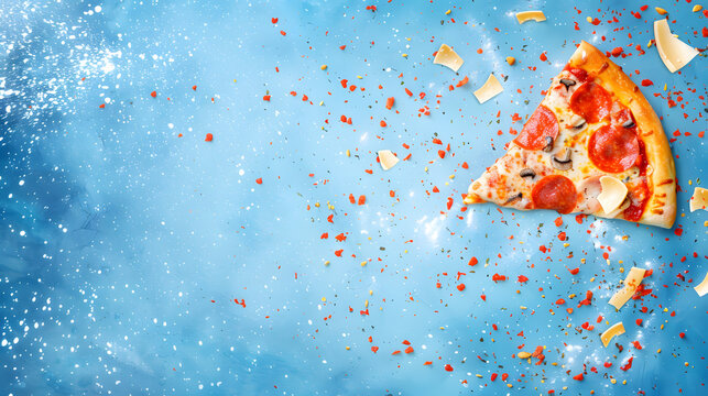 A slice of pizza with cheese falling from the sky against a background - Powered by Adobe