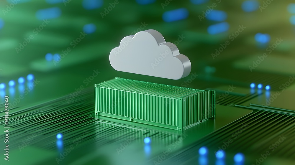 Poster cloud computing illustration featuring a digital cloud above a green container on a circuit board, r