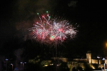 Fireworks Display at Fiesta de la Anunciada in Bayona with Parador Backdrop