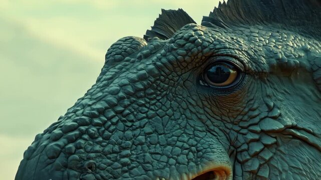 Prehistoric dinosaur era. Jurassic period park. Ancient extinct animal close up. Wild dangerous dino in tropical jungle. Wildlife many years ago. Powerful predator. Eye close up. 3d model Skin texture