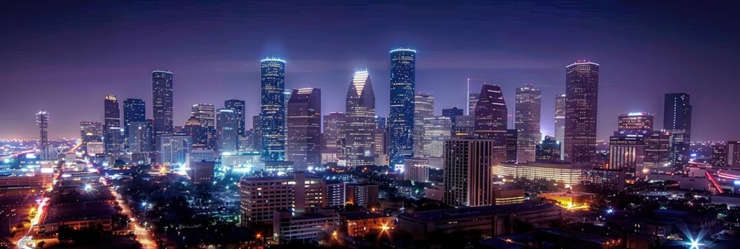 An electrifying nighttime view of the Houston Texas skyline, featuring iconic landmarks