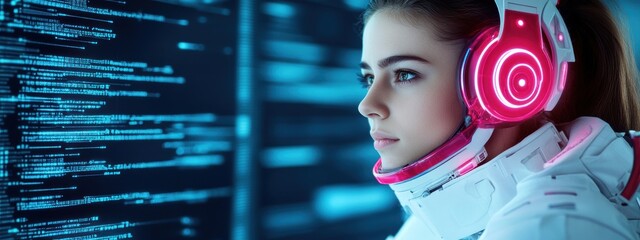 Future, AI technologist in a futuristic setting, utilizing advanced data technologies, neon lighting