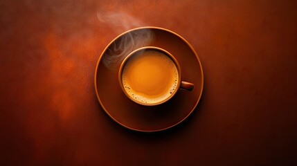 Top-down image of a steaming coffee cup on a brown plate, capturing the warmth and rich aroma of the beverage.