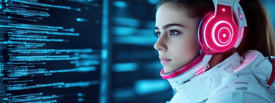 Future, AI technologist in a futuristic setting, utilizing advanced data technologies, neon lighting