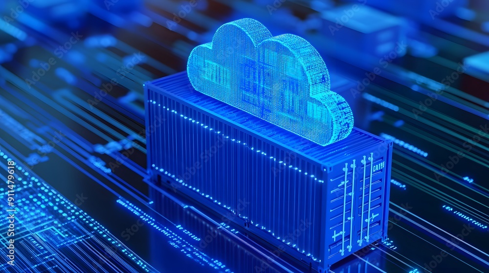 Poster cloud computing technology concept featuring a digital cloud icon and a server on a blue circuit bac