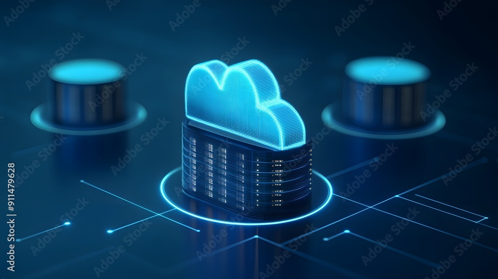 Poster cloud computing technology concept. digital cloud symbol with data storage and server icons on a blu